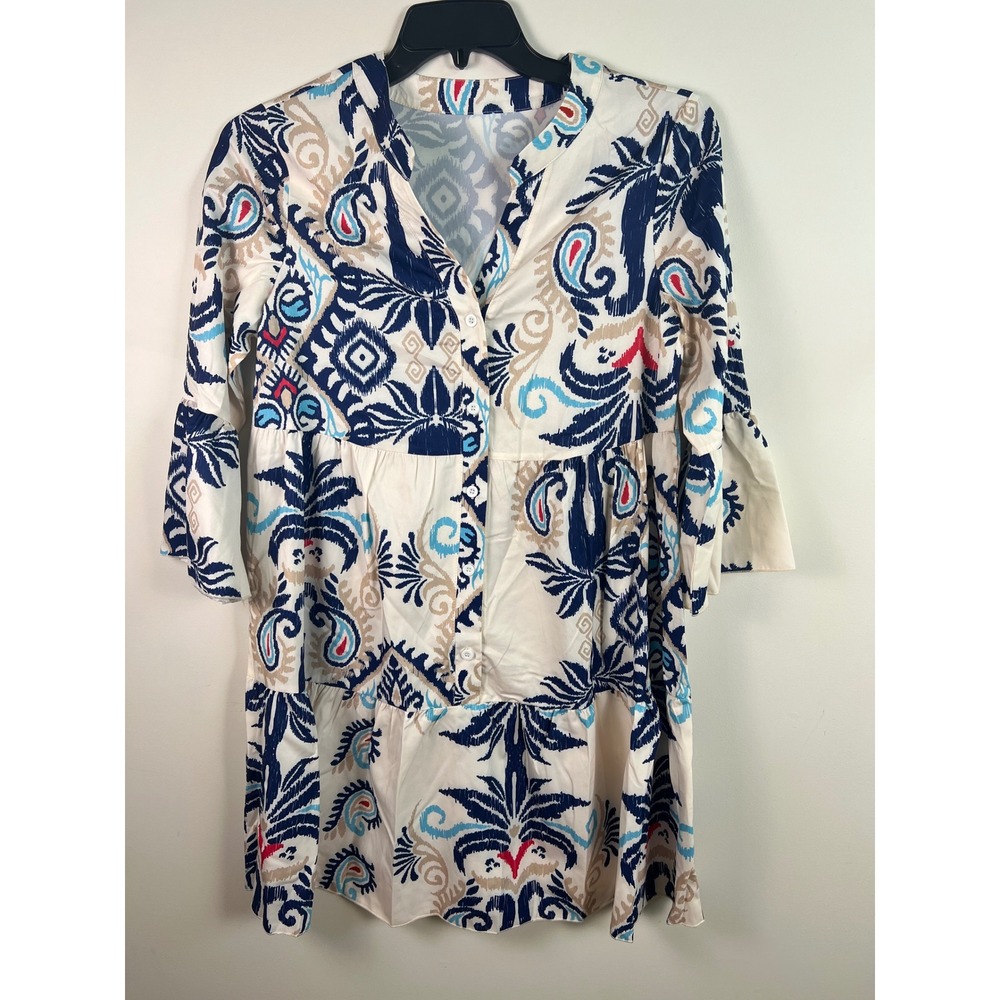 Abstract Print Navy Cream Tiered Midi Dress Bell Sleeves V Neck Boho Tribal Sz M